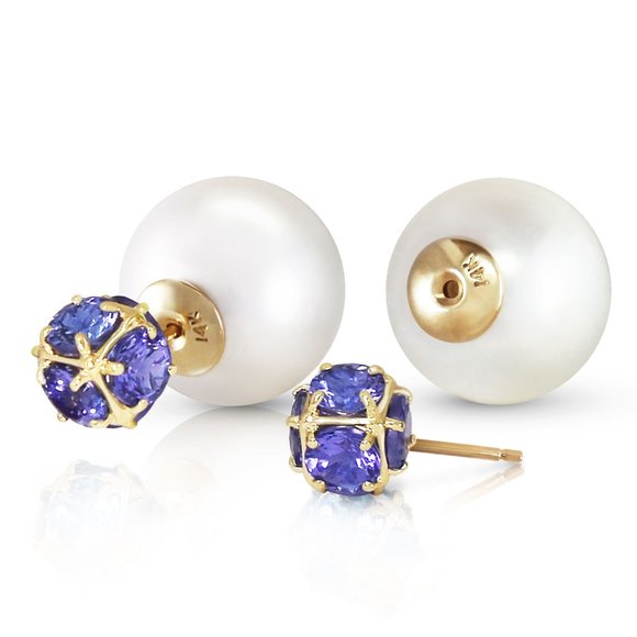 14K GOLD TRIBAL DOUBLE SHELL PEARLS AND TANZANITES STUD EARRINGS (Yellow Gold) - Picture 1 of 6
